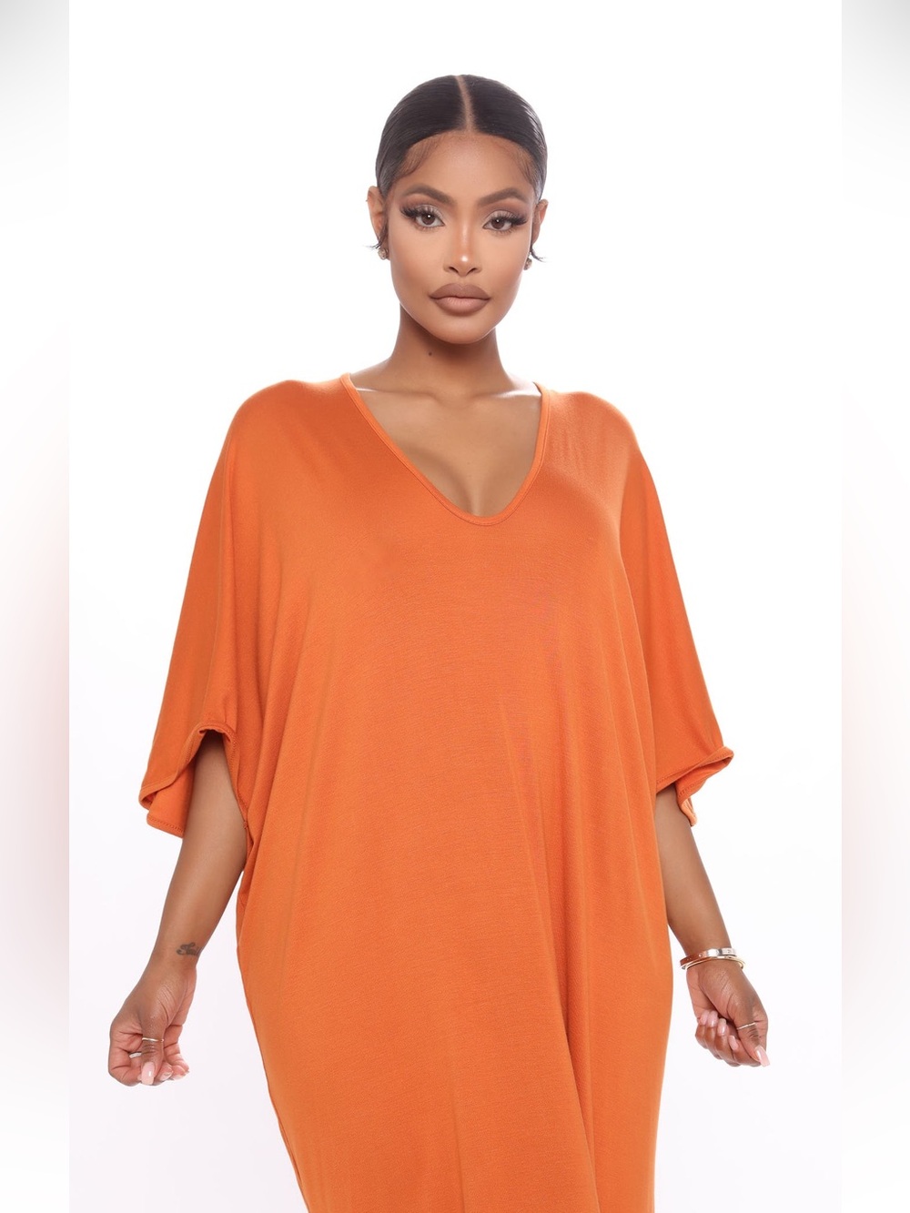 Oversized V-Neck Maxi Dress in vibrant orange burnt orange - Picture 2 of 3